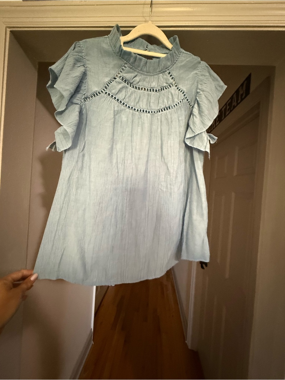 SHEIN Light Blue Crochet Yoke Ruffle Sleeve Top